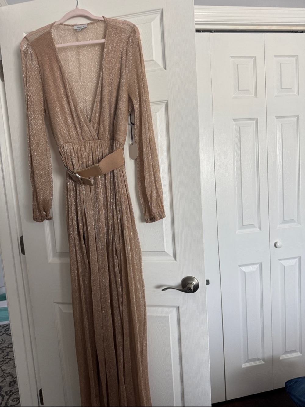 Long Sleeve Metallic Wrap Maxi Dress in Shimmering Beige
